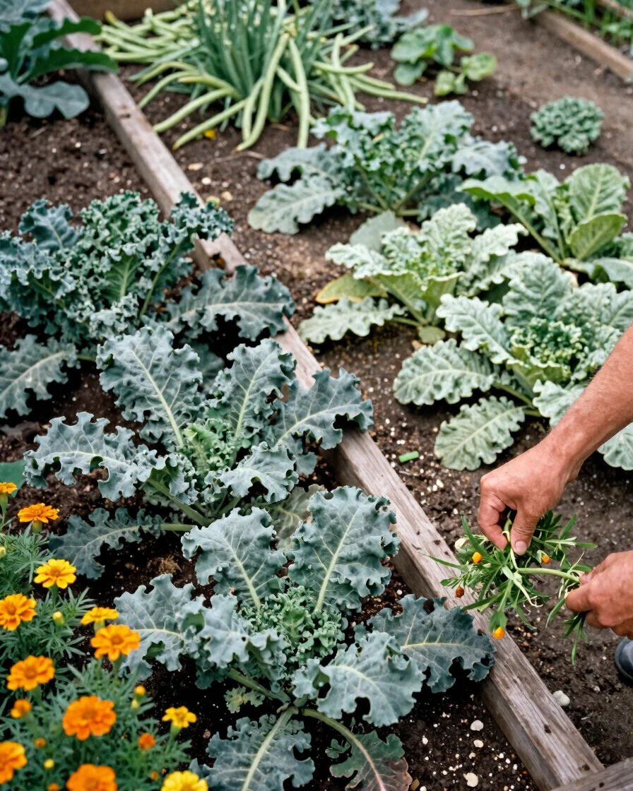 Overhead view of a raised vegetable bed with kale, beans and mari