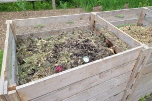 Wooden compost bins filled with organic material